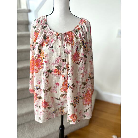 Lane Bryant Cream Pink & Orange Floral Block Print Peasant Blouse - Picture 1 of 7